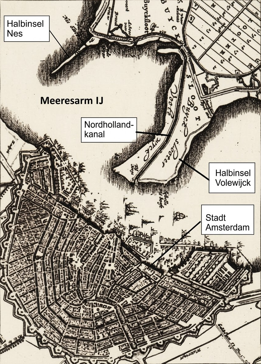 Alte Karte von Amsterdam mit Stadt, Meeresarm IJ, Nordhollandkanal und Halbinseln.